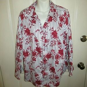 Foxcroft Ellery Plus Size 100% Cotton 14W Floral Stripe Shirt Bell Sleeves